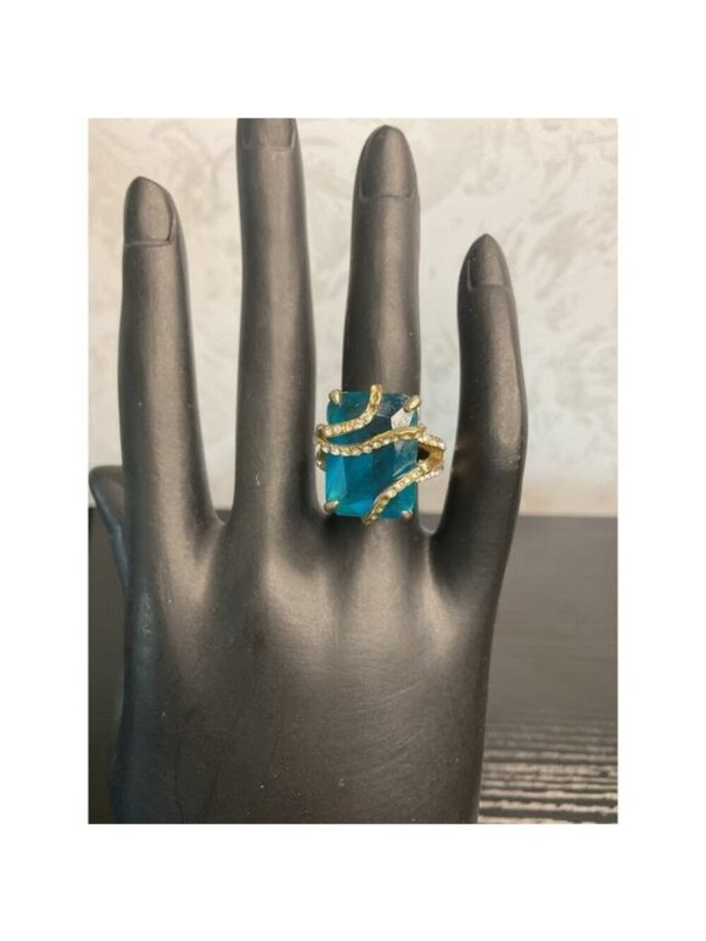 Teal Gemstone Ring Gold Wrap Crossover Cage Rhinestone Statement Cocktail Ring